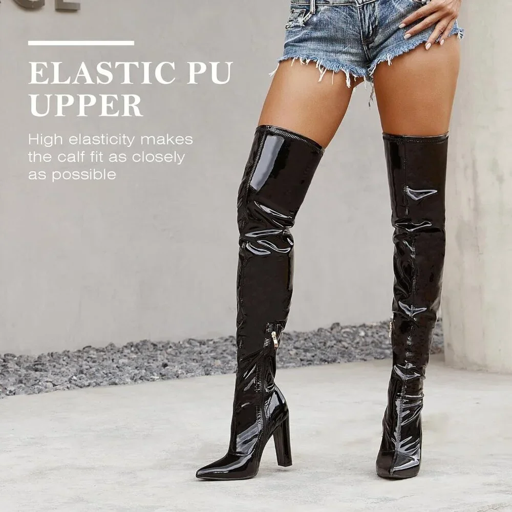 Women's Black Patent Leather Thigh High Over The Knee Stylish Comfort Gogo Boot